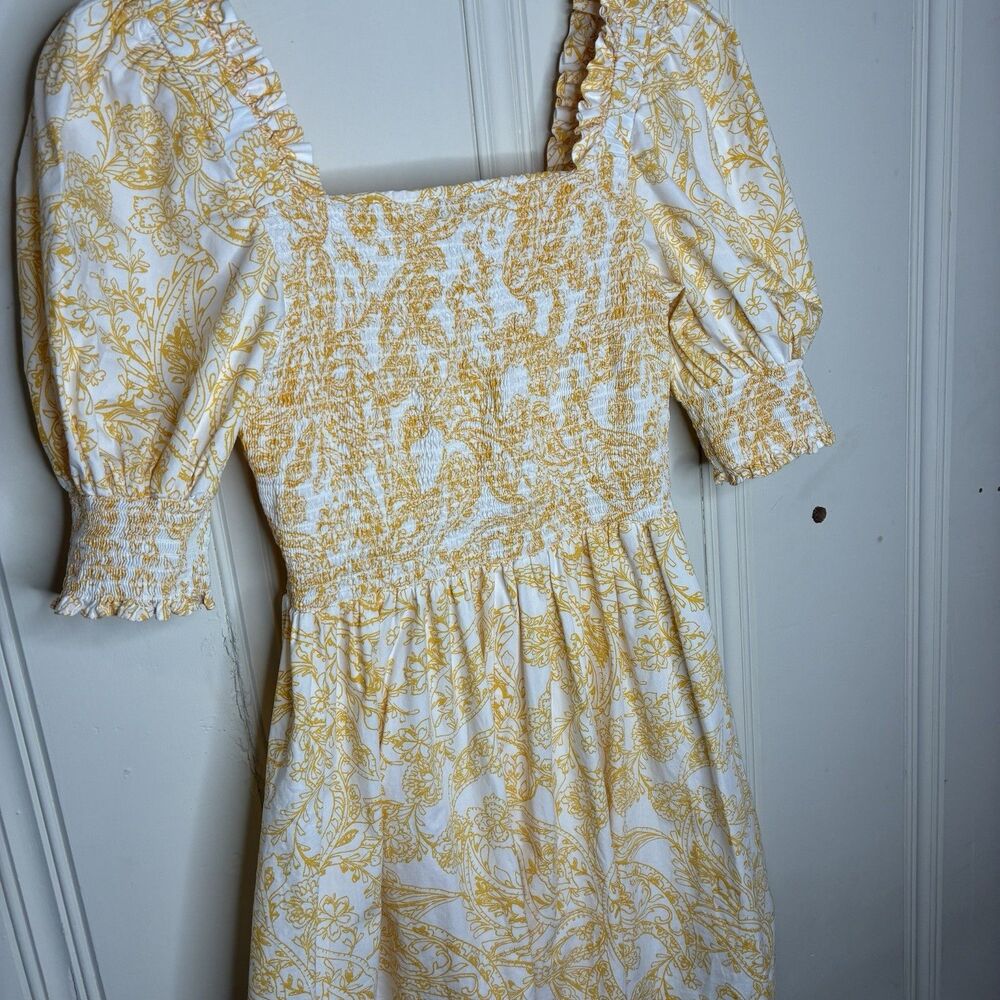 Smocked 100% Cotton Dress Size Large Yellow Floral Puff Sleeve Garden Cottage - Picture 4 of 6